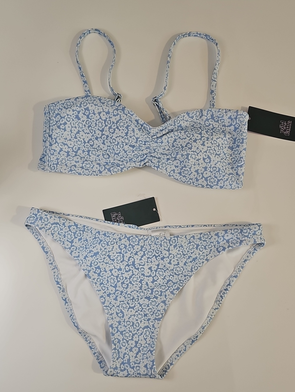 Wild Fable Women's M Blue Floral Ruched Bandeau Style Bikini Set